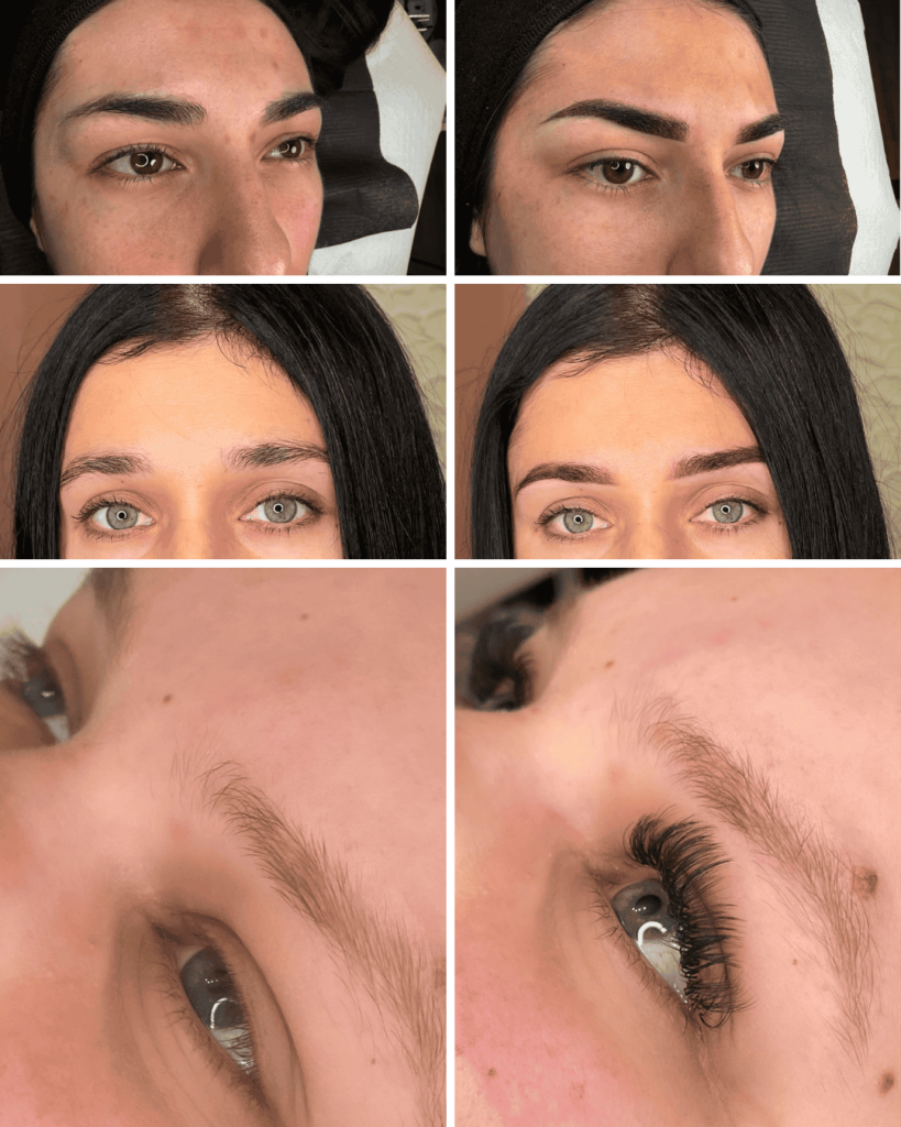 Before and after eyebrow and eyelash enhancements.