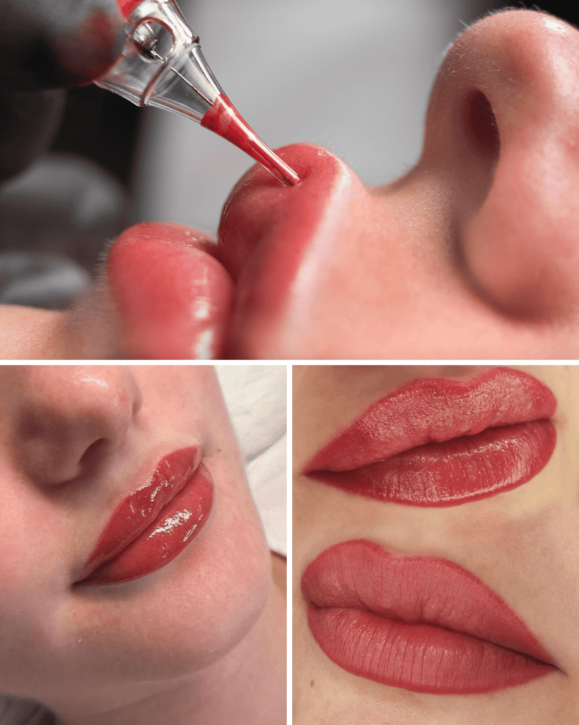 Close-up of lip tattooing and healed results.