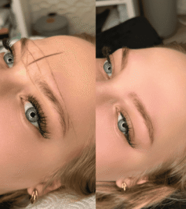 Eyebrow microblading before and after comparison.
