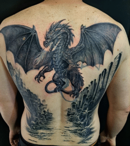 Intricate dragon tattoo on a person's back.