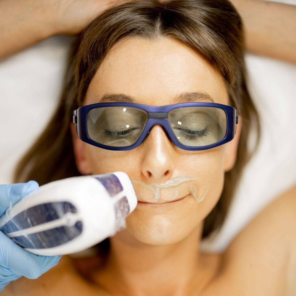 Woman receiving laser hair removal treatment.