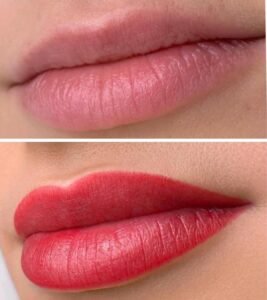 Before and after lip tattoo transformation.