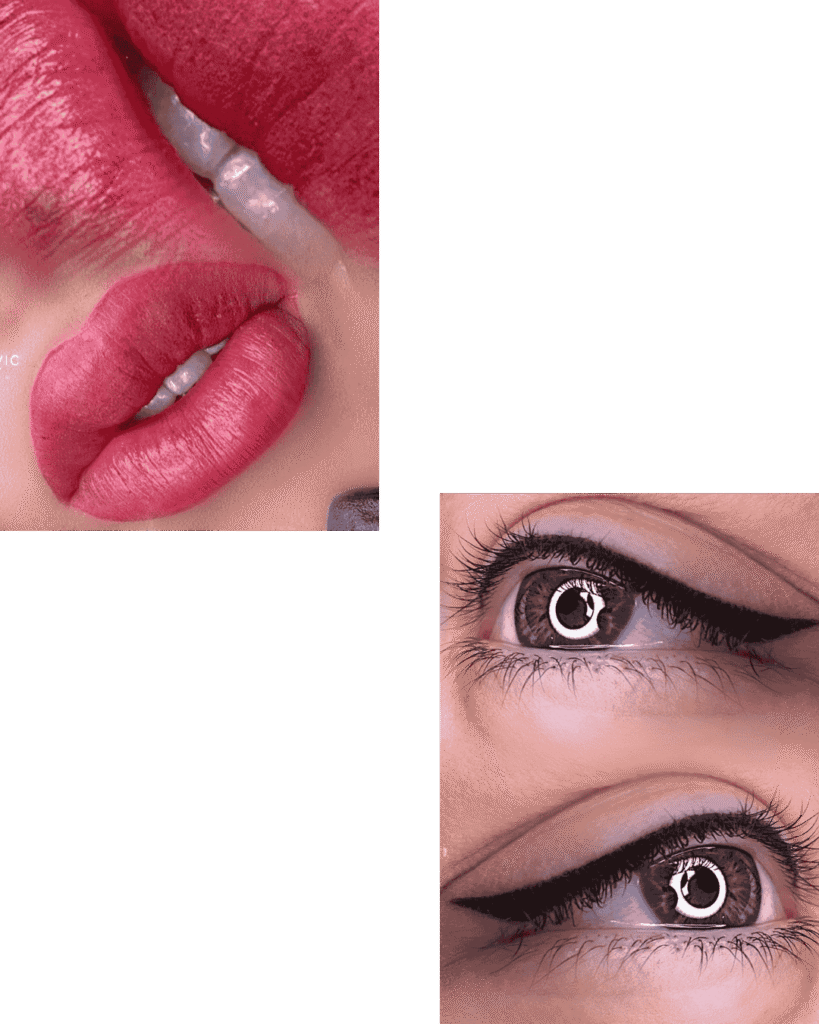 Red lips and eyes with winged eyeliner close-up.