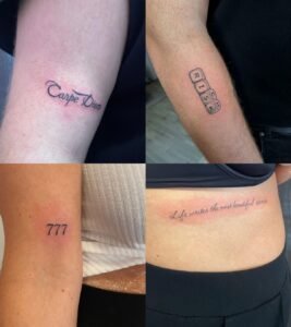 Four minimalist text tattoos on arms and waist.